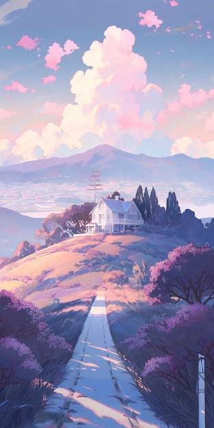 Foto paisaje de anime con un camino que conduce a una casa en una colina generativo ai