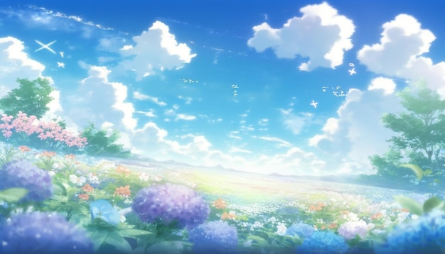paisaje de anime de un campo de flores con un cielo azul generativo ai