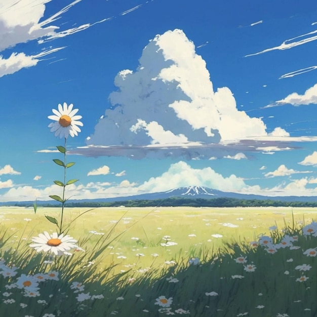 Paisaje anime con un campo de flores y una montaña al fondo