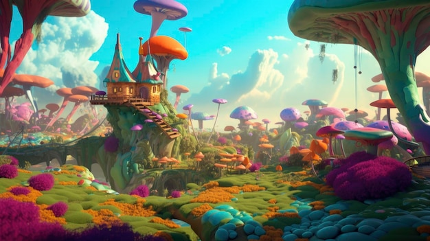 Paisaje de anime caprichoso y colorido del país de las hadas para libros infantiles y narración de cuentos