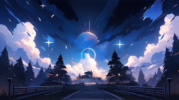 paisaje anime de una carretera con un fondo de cielo y una estrella en el cielo ai generativo