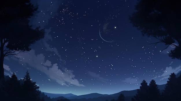 Paisaje de anime con un cielo estrellado y la luna.