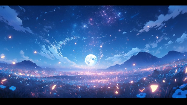 paisaje anime de un cielo nocturno con luna llena y estrellas ai generativa