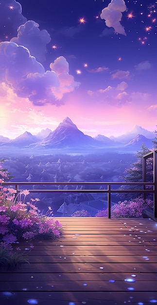 Foto paisaje de anime de una cubierta de madera con una vista de una montaña generativa ai
