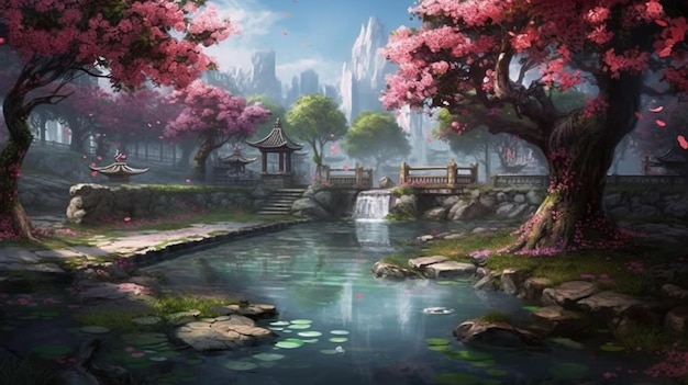 Paisaje de anime de un jardín japonés con un puente y un estanque generativo ai