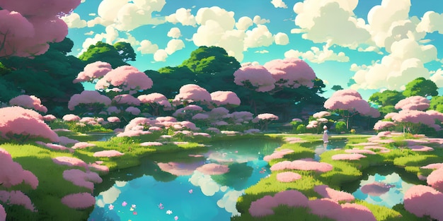 Paisaje de anime natural con cielo brillante y colores jugosos.