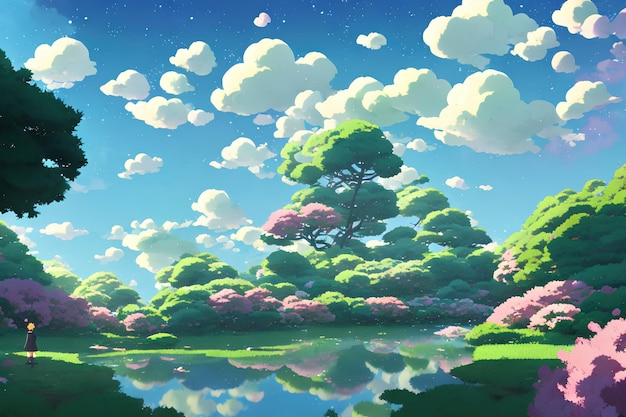 Paisaje de anime natural con cielo brillante y colores jugosos.