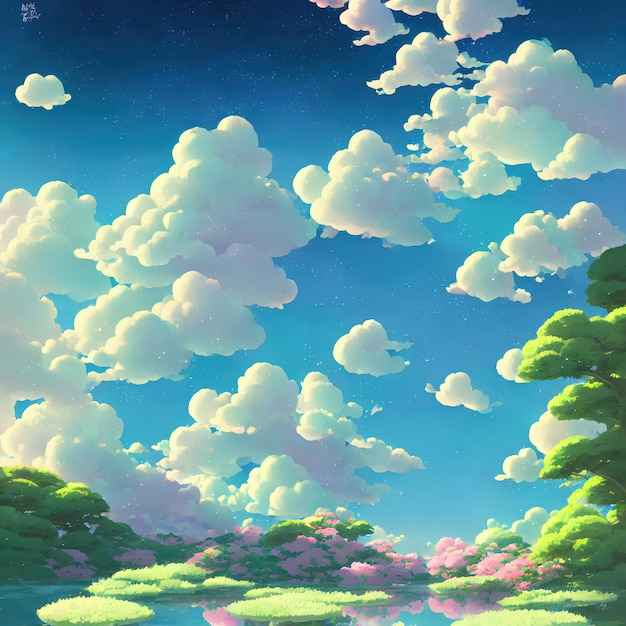 Paisaje de anime natural con cielo brillante y colores jugosos.