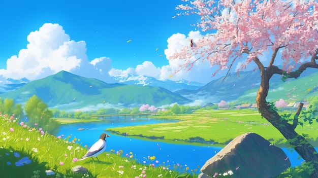 paisaje de anime de un pájaro sentado en una roca en un campo generativo ai