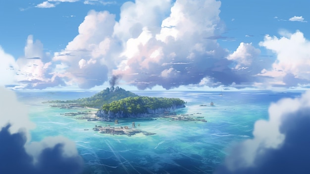 Paisaje de anime con una pequeña isla en el océano.