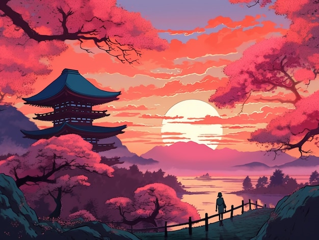 paisaje de anime de una persona de pie en un puente mirando una pagoda generativa ai