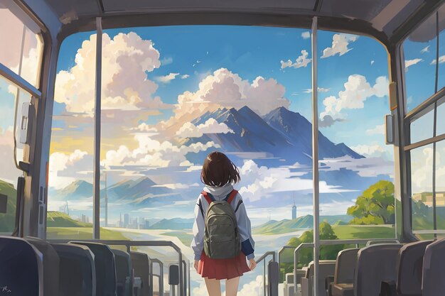 Paisaje de anime de una persona que viaja