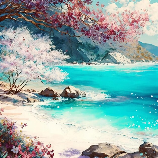 Paisaje de anime con una playa y un árbol con flores.
