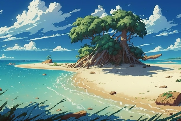 Paisaje de anime con una playa y un árbol.