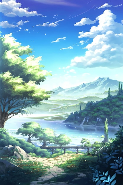 Paisaje anime con un puente y una montaña al fondo