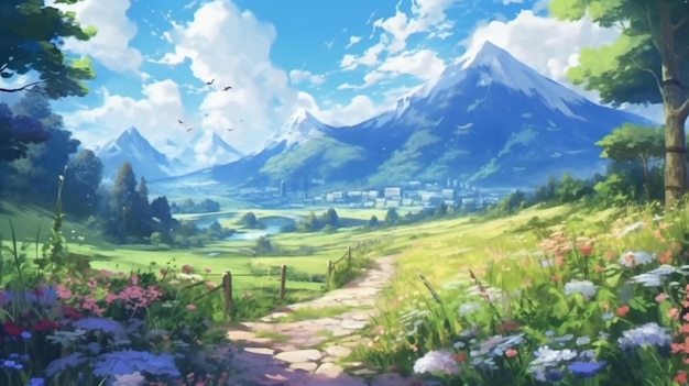 paisaje de anime de un valle de montaña con un camino que conduce a una aldea generativa ai