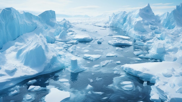 Paisaje de la Antártida con glaciar de hielo y nieve vista de agua e icebergs Concepto de naturaleza invierno cambio climático calentamiento y viajes IA generativa