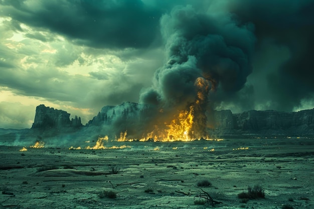 Paisaje apocalíptico con erupción ardiente y cielos oscuros de humo sobre terreno estéril