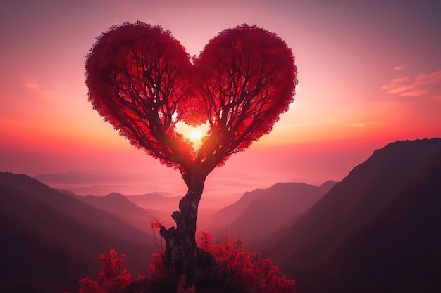 Paisaje de árbol de amor con árboles en forma de corazón rojo al atardecer fondo del día de San Valentín