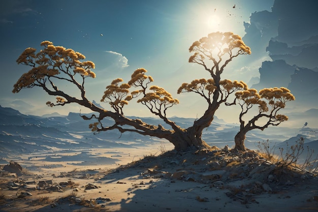 Un paisaje con un árbol en el desierto.