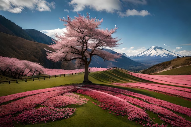 Foto un paisaje con un árbol en flor y montañas al fondo