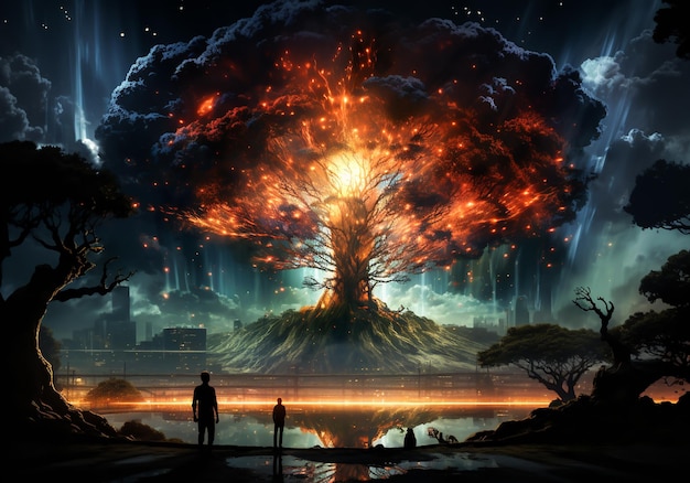 Paisaje con árbol irreal que produce fuegos artificiales Escena de ciencia ficción generada por IA