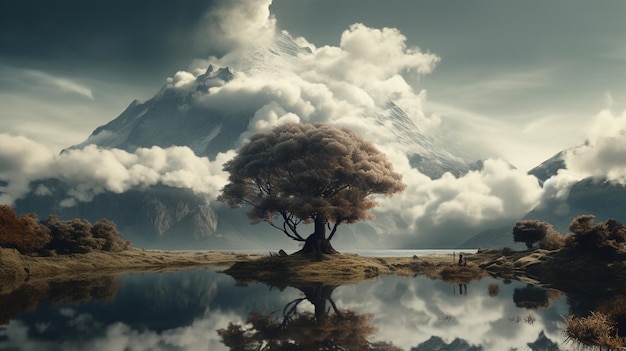 Un paisaje con un árbol y montañas al fondo.