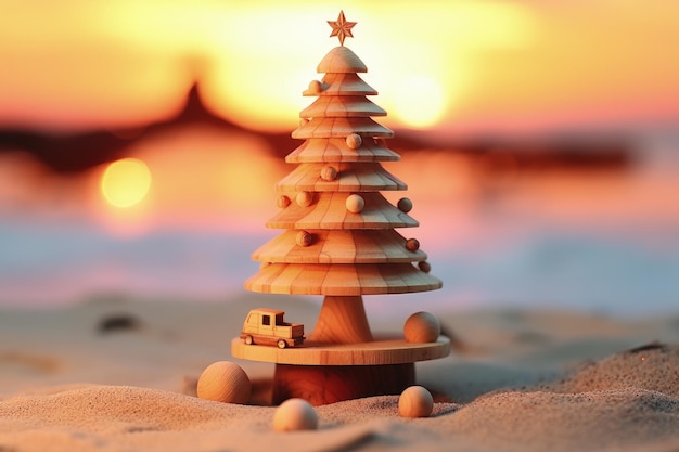 Paisaje con árbol de Navidad de madera en la playa IA generativa