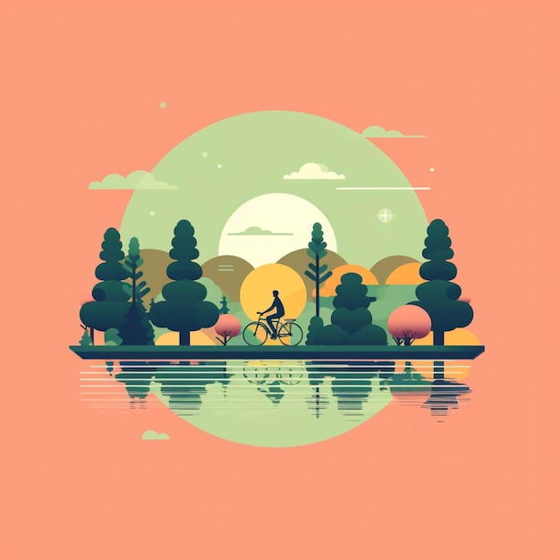 Paisaje con árboles de bicicletas y lago en estilo plano Ilustración vectorial