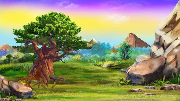 paisaje con árboles y montañas