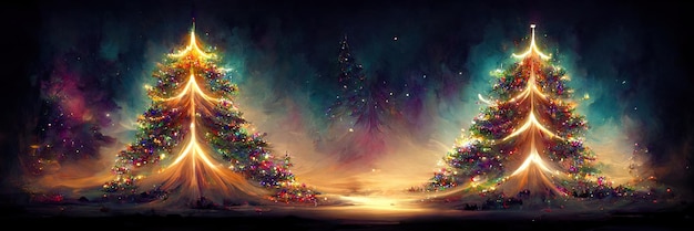 Paisaje de árboles de navidad, feliz navidad. Ilustración digital.