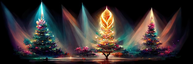 Paisaje de árboles de navidad, feliz navidad. Ilustración digital.