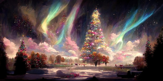 Paisaje de árboles de navidad, feliz navidad. Ilustración digital.