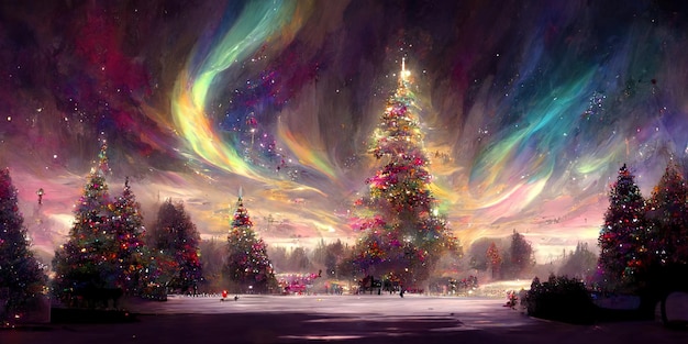 Paisaje de árboles de navidad, feliz navidad. Ilustración digital.