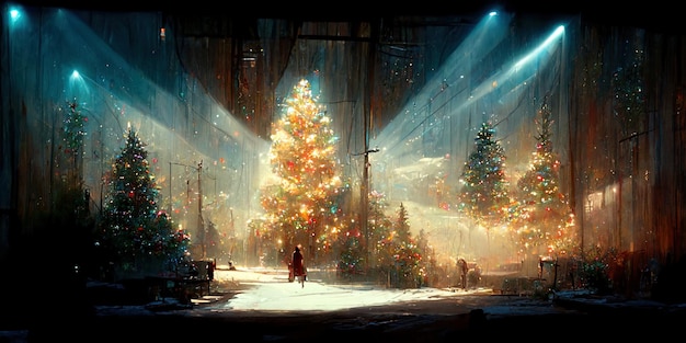 Paisaje de árboles de navidad, feliz navidad. Ilustración digital.