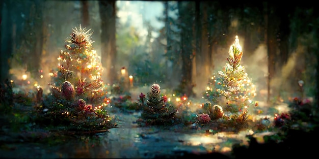 Paisaje de árboles de Navidad. Ilustración digital. Cuadro. Hermoso escenario navideño