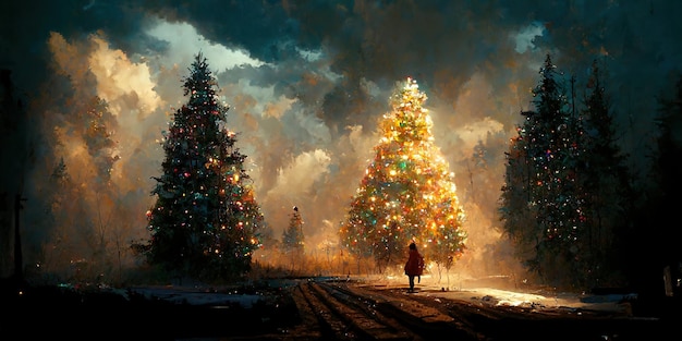 Paisaje de árboles de Navidad. Ilustración digital. Cuadro. Hermoso escenario navideño