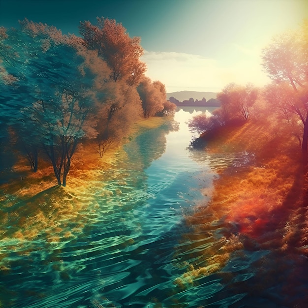 Paisaje con árboles de otoño en la orilla del río 3d render
