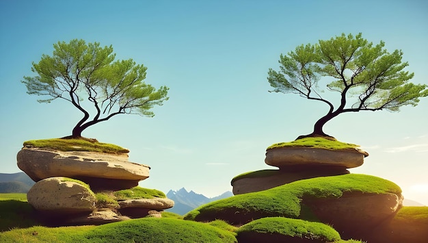 Foto un paisaje con árboles sobre rocas y montañas al fondo.