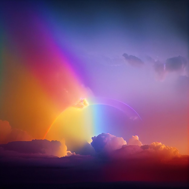 Paisaje de arco iris de fantasía hermoso arco iris minimalista en la ilustración del cielo IA generativa