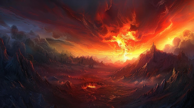 Paisaje ardiente con erupción volcánica