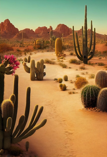 Foto un paisaje árido del desierto del sahara caliente cactus y arena con dunas puesta de sol sobre las dunas de arena