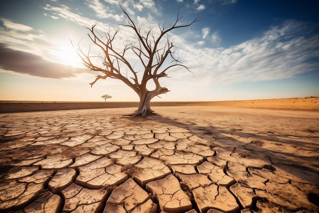 Paisaje árido con suelo reseco y árbol sin vida AI