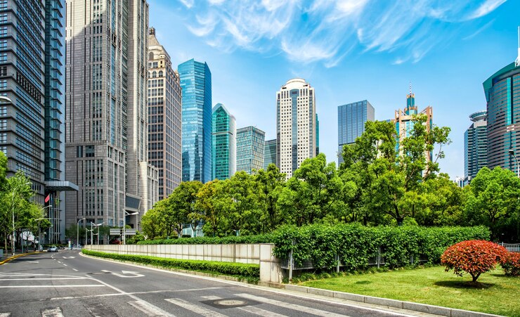 Foto paisaje arquitectónico y calle urbana del edificio de oficinas de lujiazui en shanghai