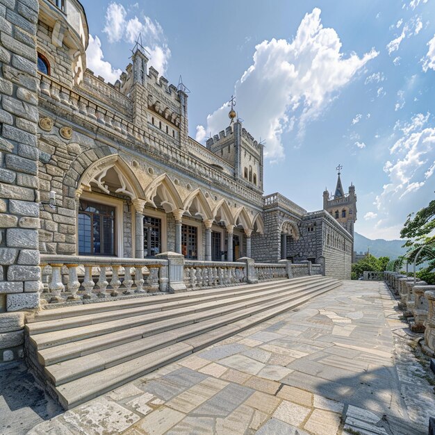 Foto paisaje arquitectónico del palacio con ventanas hermoso edificio de piedra