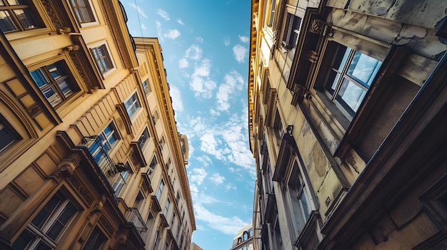 Paisaje arquitectónico rejuvenecido con estructuras modernas e históricas mezcladas bajo la tarde