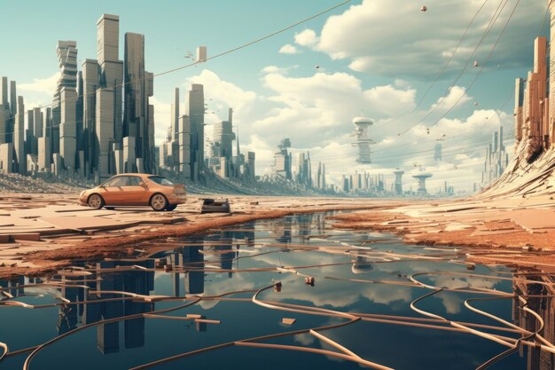 Paisaje de arquitectura de automóviles de la ciudad vacía de cromo