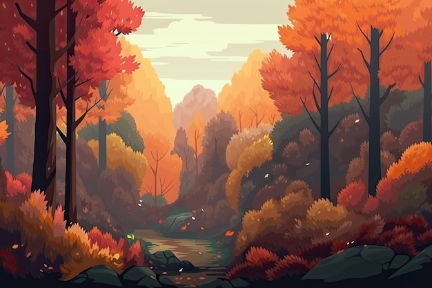 Paisaje de arte de píxeles de un bosque tranquilo en otoño