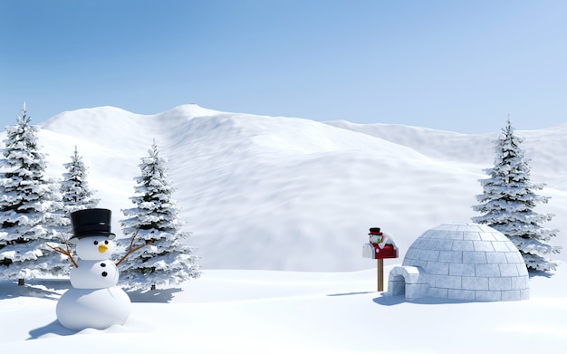 Paisaje ártico campo de nieve con iglú y muñeco de nieve en vacaciones de Navidad Polo Norte