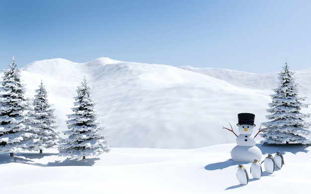 Paisaje ártico, campo de nieve con muñeco de nieve y pájaros pingüinos en vacaciones de Navidad, Polo Norte, renderizado 3D